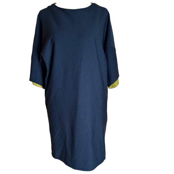 COS Sheath Dress Navy &amp; Chartruese Minimalist Dolman Sleeves Stretch Size XS - Picture 1 of 9